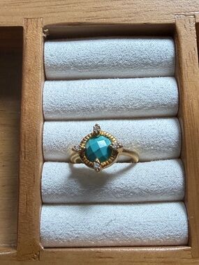 Freida Rothman Gold Ring with Teal Faceted Stone and Accent Crystals
